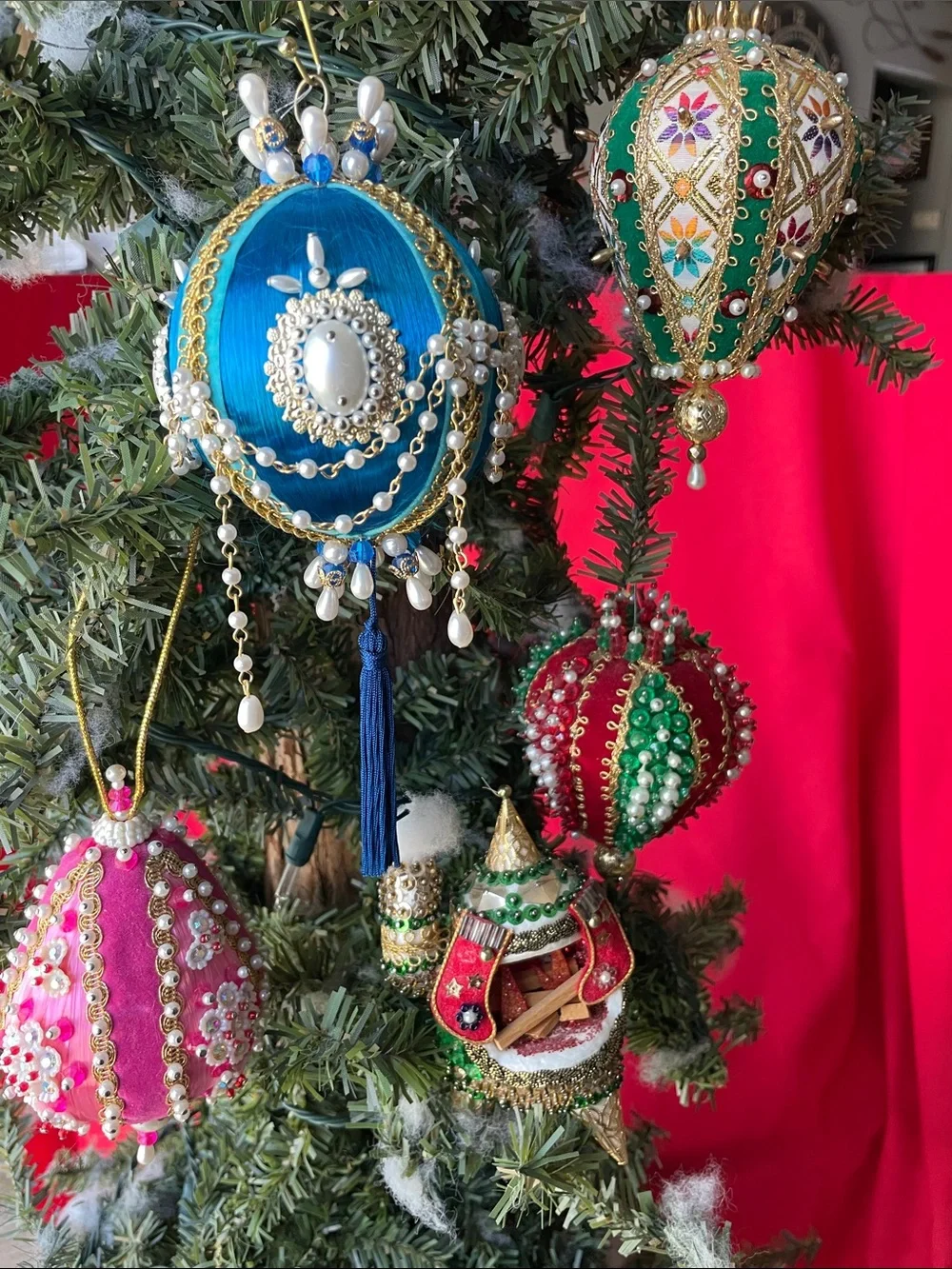 Handcrafted Blue and Multicolor Pins & Sequins Holiday Ornament Set of 5